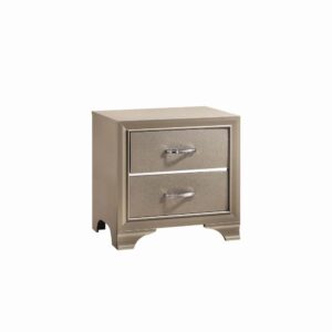 this transitional two-drawer nightstand is full of fun details. Recessed grooves help to frame smooth drawer fronts