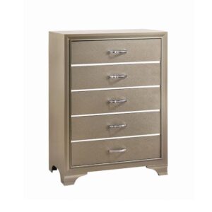 This exquisite chest is ideal for any bedroom that could use a touch of sparkle. Its simple silhouette is brought to life by a glittery champagne finish. High-shine