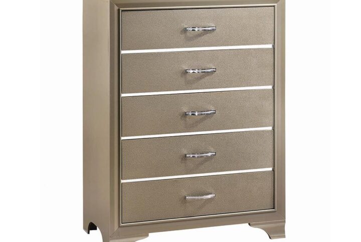 This exquisite chest is ideal for any bedroom that could use a touch of sparkle. Its simple silhouette is brought to life by a glittery champagne finish. High-shine