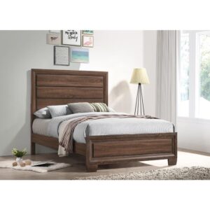 This bed offers a transitional style with its clean