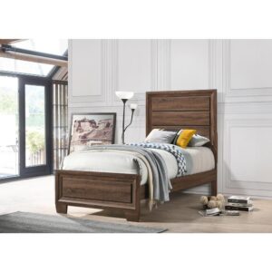 This bed offers a transitional style with its clean