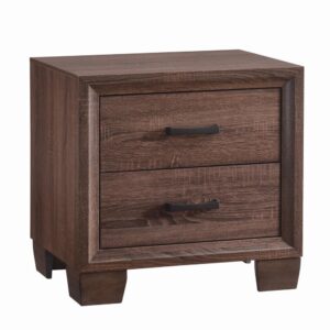 the sleek silhouette features tapered legs. Medium warm brown hues and deep metallic hardware add a timeless quality to any space. The rich tones are streamlined with elongated details.
