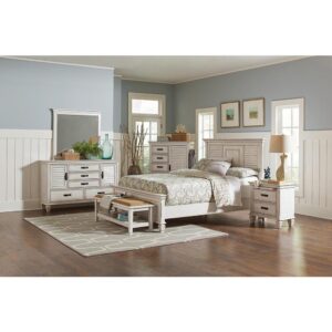 This magnificent 5-piece bedroom set from the Franco collection has chic styling and modern convenience. The imposing headboard and low footboard of the bed are crafted with detailed panels for an elegant look. The durable