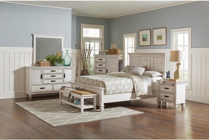 This magnificent 5-piece bedroom set from the Franco collection has chic styling and modern convenience. The imposing headboard and low footboard of the bed are crafted with detailed panels for an elegant look. The durable