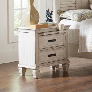 this nightstand is fully functional and includes cord access for charging electronics. The contemporary updates elevate the classic silhouette. In a soft antique white finish