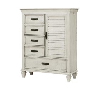 this chest pulls out all the stops to provide convenience storage space. A generous array of drawers and an expansive cabinet easily accommodate any wardrobe. Soft-closing drawers and door hinges offer smooth