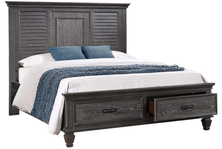 All your keepsakes are safely stored within this storage platform bed. Two roomy drawers on the footboard are the perfect solution to store small garments. A tall headboard is crafted with shutter-style panels and gorgeous crown molding. Supported on molded and tapered feet
