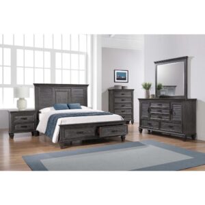 Your keepsakes are safe and sound with this five-piece storage bed set. A platform storage bed is crafted with two built-in drawers on the footboard with soft-closing glides. Shutter-style accents and crown molding enhance the headboard along with the five-drawer dresser with two side cabinets and a matching mirror. A two-drawer nightstand enhanced with black bar pulls and the same crown molding and find a place for cord access inside the nightstand to easily charge smart devices while you snooze. Never feel short on storage space again with roomy five-drawer dresser