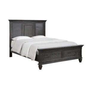 this piece will capture your attention with its tall headboard. Slatted shutter-style accents and crown molding enhances this headboard