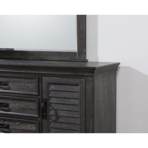this rustic dresser is crafted from exceptional New Zealand pine in a weathered sage finish. Five drawers on soft-closing glides provide plenty of storage space for garments and small items. Two additional side cabinets with shutter-style panels add extra stylish flair. Lovely detailed accents further enhance this piece