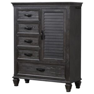 this door chest is enjoyed by everyone with its five roomy drawers. A stylish side cabinet with a shutter-style panel makes an instant focal point. An exterior hook allows for convenient hanging of small clothing. Enjoy the craftsmanship of this piece with crown molding on the tabletop and molded legs.