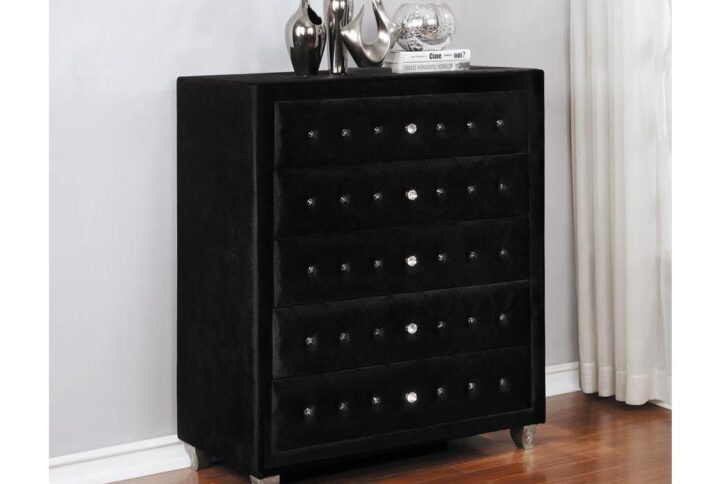 Craft a sophisticated aura in a bedroom with this five-drawer black chest