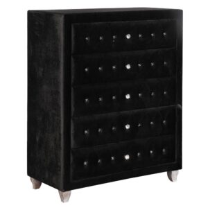 great for a young fashionista. Adorning the sleek silhouette is luxuriously soft velvet fabric. Crystal drawer pulls and lines of crystal button diamond tufting dress up the drawers. Mirroring the radiance of the bright jewels are curved legs in a metallic finish. Decorate the top with picture frames and your favorite scents.