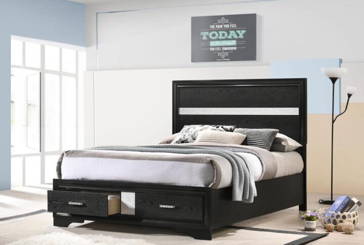 Give your bedroom a glamorous update with this gorgeous storage bed. The headboard and footboard are decorated with acrylic glitter panels for a dazzling touch of shine. Two slide-out drawers are built into the footboard to maximize storage space. The drawers are topped with rhinestone handles for even more beautiful bling. This platform bed is mattress ready for added convenience.