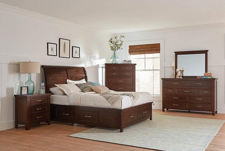 Style and practicality combine to form a thoroughly appealing design. This beautiful eastern king storage bed is loaded with useful features. High-quality craftsmanship creates a sturdy foundation for rest and relaxation. Multiple built-in drawers offer ample space for your storage needs. With a pleasing pinot noir finish