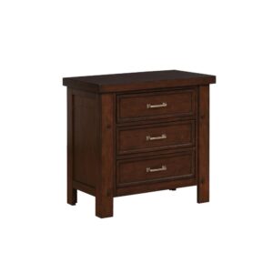 this three-drawer nightstand looks great when paired with a neutral bedding set. In a rich pinot noir finish