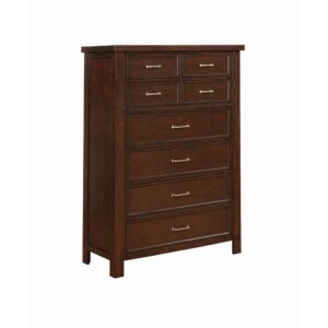 Elevate a traditional motif with this eight-drawer chest in a warm pinot noir finish. Add depth with the elongated lines from the silhouette. Adorned with subtle nail head details and embossed drawer fronts