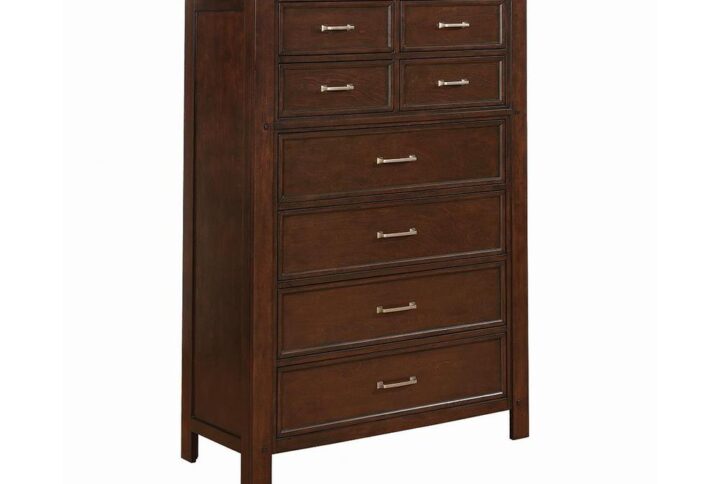 Elevate a traditional motif with this eight-drawer chest in a warm pinot noir finish. Add depth with the elongated lines from the silhouette. Adorned with subtle nail head details and embossed drawer fronts
