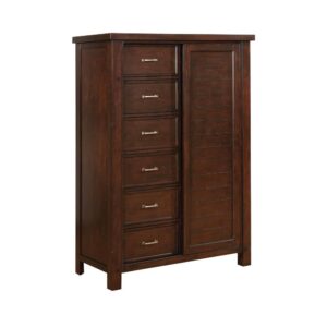 Add convenient storage and glamorous style to your bedroom decor. This gorgeous door chest boasts a stunning finish of rich pinot noir accentuated by striking metal drawer handles. Subtle