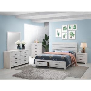 Create a classically styled bedroom that exudes rustic appeal. This four-piece bedroom set includes a bed