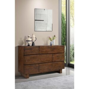 Elevate your Zen-like rustic bedroom with this modern wood six-drawer dresser