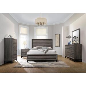 Grey is in and this five-piece bedroom set has the style and design for any modern master bedroom. Each piece in the set has a bold gray oak finish with contrasting understated black accents and frames. The tall headboard and low footboard of the eastern king bed have rectangular panels with chic black outlines. The well-crafted nightstand