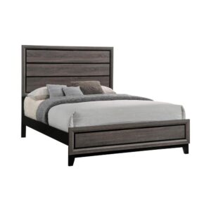 Bring a transitional California king bed into your sleeping space for exceptional style. The large single panel headboard is equipped with horizontal grooves for depth and dimension. The black and grey oak finish of this bed makes it an excellent option for all styles of bedrooms. With a low profile footboard and framed groove design