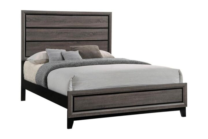 Bring a transitional California king bed into your sleeping space for exceptional style. The large single panel headboard is equipped with horizontal grooves for depth and dimension. The black and grey oak finish of this bed makes it an excellent option for all styles of bedrooms. With a low profile footboard and framed groove design