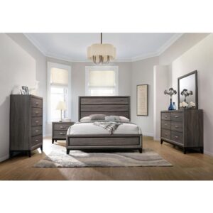 Change up your sleeping space with this transitional bedroom set in a two-tone finish. The bed features a single panel headboard with grooves for texture. Meanwhile