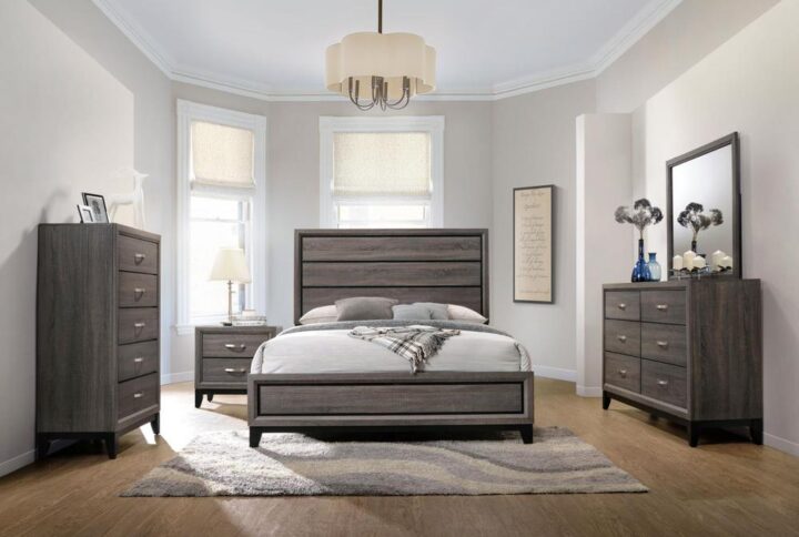 Change up your sleeping space with this transitional bedroom set in a two-tone finish. The bed features a single panel headboard with grooves for texture. Meanwhile