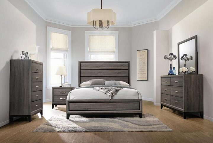 The modern appeal of all things gray is taken to unique heights in this five-piece bedroom set for the master or second bedroom. The entire set is finished in a bold gray oak with understated black rectangular accents and frames. The high headboard and low footboard of the majestic queen bed have rectangular panels outlined in timeless black. The well-appointed chest