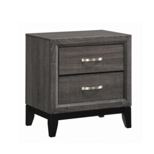 the color blocking from this grey two-drawer nightstand sets it apart from the rest. Constructed of oak