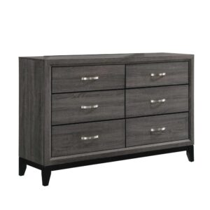 this grey six-drawer dresser is a contemporary take on mid-century modern design. The body showcases a sophisticated
