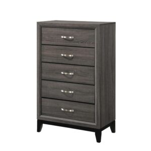 Complete a retro motif with the fine details and color blocking from this grey five-drawer chest. Constructed of oak