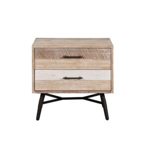 An eye-catching blend of rustic and industrial styling gives this two-drawer nightstand a truly intriguing look. Crafted with acacia wood