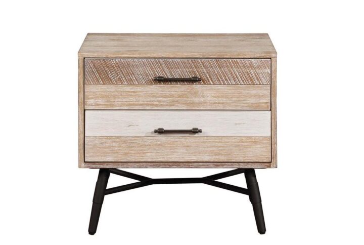 An eye-catching blend of rustic and industrial styling gives this two-drawer nightstand a truly intriguing look. Crafted with acacia wood