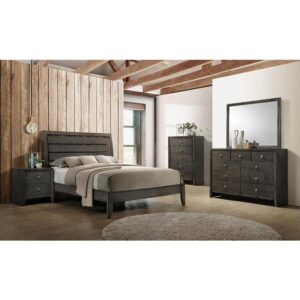 Bring an updated handsome aesthetic to your bedroom with this transitional bedroom set from the Serenity collection. A gently contoured open slat design headboard creates a pleasant modern airy feel on the platform bed. The mod grey finish shows off wood grains in a neutral palette to complement a variety of color schemes. Brushed nickel drawer knobs add just a touch of refined satiny shine to this subdued look. Ample storage space is provided in the matching dresser