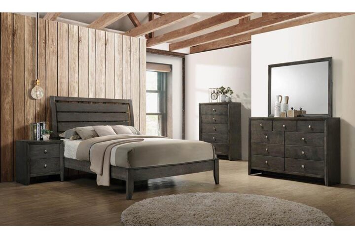 Bring an updated handsome aesthetic to your bedroom with this transitional bedroom set from the Serenity collection. A gently contoured open slat design headboard creates a pleasant modern airy feel on the platform bed. The mod grey finish shows off wood grains in a neutral palette to complement a variety of color schemes. Brushed nickel drawer knobs add just a touch of refined satiny shine to this subdued look. Ample storage space is provided in the matching dresser