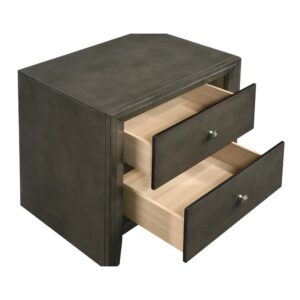 this two-drawer nightstand offers maximum functionality and understated style. Beautifully enhanced by a mod grey finish