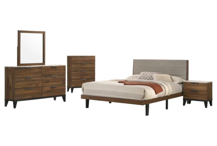 Create a sophisticated bedroom oasis with this contemporary bedroom set. This collection features an elegant platform bed
