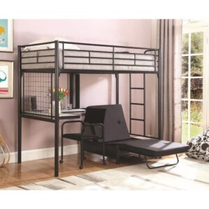 Style and function combine to give this metal twin bunk bed and workstation a striking appearance. Awesome for space-saving needs