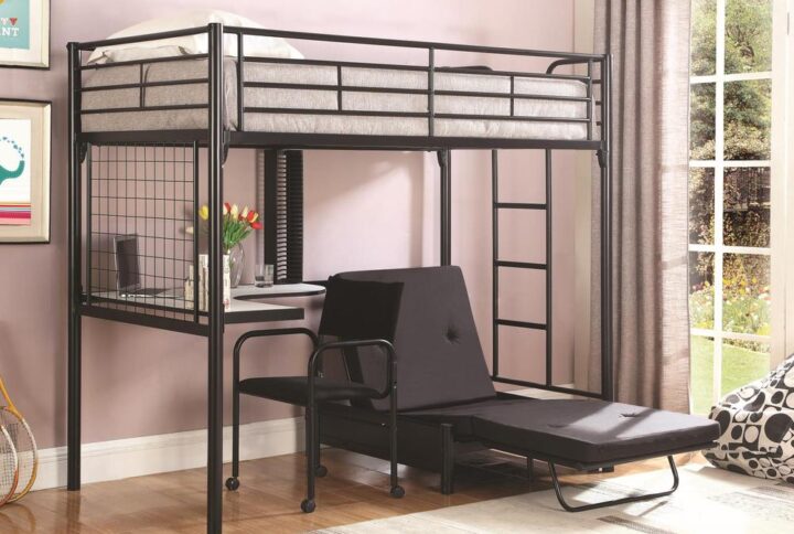 Style and function combine to give this metal twin bunk bed and workstation a striking appearance. Awesome for space-saving needs