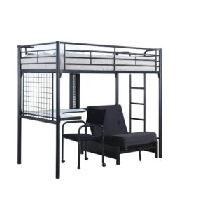 this twin workstation loft bed checks all the boxes. Modern with its glossy black finish and stylish with a white desk top create a cool space to work and relax. Its chair and multi-functional futon frame are included. The pad and mattress are sold separately.