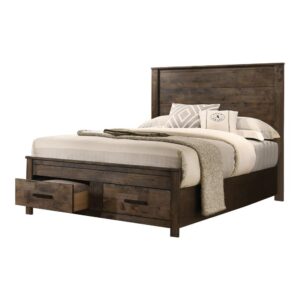This transitional bed brings a blend of classic style and modern conveniences. It features an imposing headboard and storage footboard in a platform design. The full matte rustic golden brown finish includes beautiful wire brushed wood grain details for a cozy countryside allure. The storage drawers in the footboard are crafted with wooden pull handles. Solid block legs add the final detail to this magnificent bed.