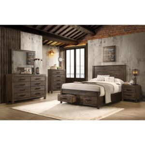Warmth and tranquility are the hallmarks of the style and design of this impressive transitional 5-piece bedroom set featuring storage bed
