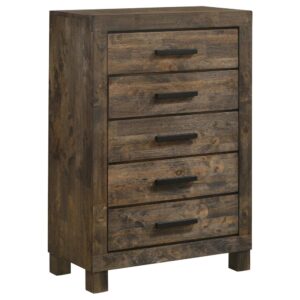 masculine appeal. The slide-out drawers make it easy to keep your space looking neat and put together. The drawers are topped with wooden bar handles for a touch of dramatic detail. This wooden chest is treated to a rustic golden brown finish that really warms up a room.