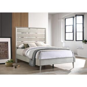 Dazzle up your bedroom decor with mid-century modern glamour. This elegant silver bed frame lends elegance and style to any space. A metallic sterling finish adds shimmering sparkle to its sleek silhouette. Gleaming lines of shining