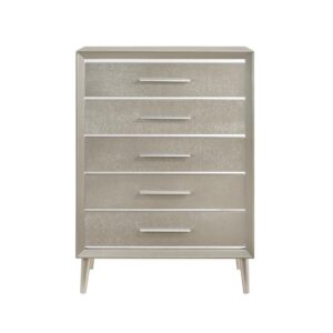 this five-drawer chest completes a bedroom in style. Its top drawer is lined in soft felt to gently store delicate items. Mirrored acrylic accents enliven its design with a lovely touch of polish. Round