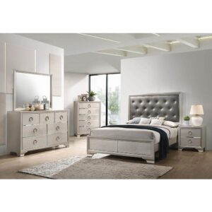 Glam up your bedroom retreat with a luxe bedroom set from the Salford collection. Transitional styling gets a dose of glamour with a metallic sterling finish