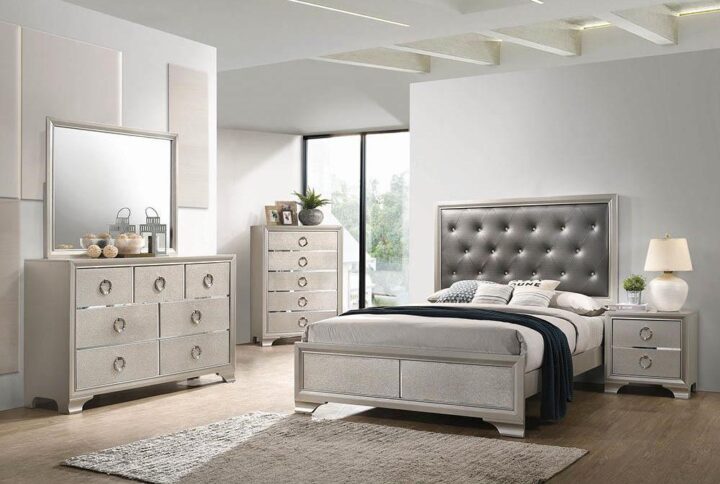 Glam up your bedroom retreat with a luxe bedroom set from the Salford collection. Transitional styling gets a dose of glamour with a metallic sterling finish